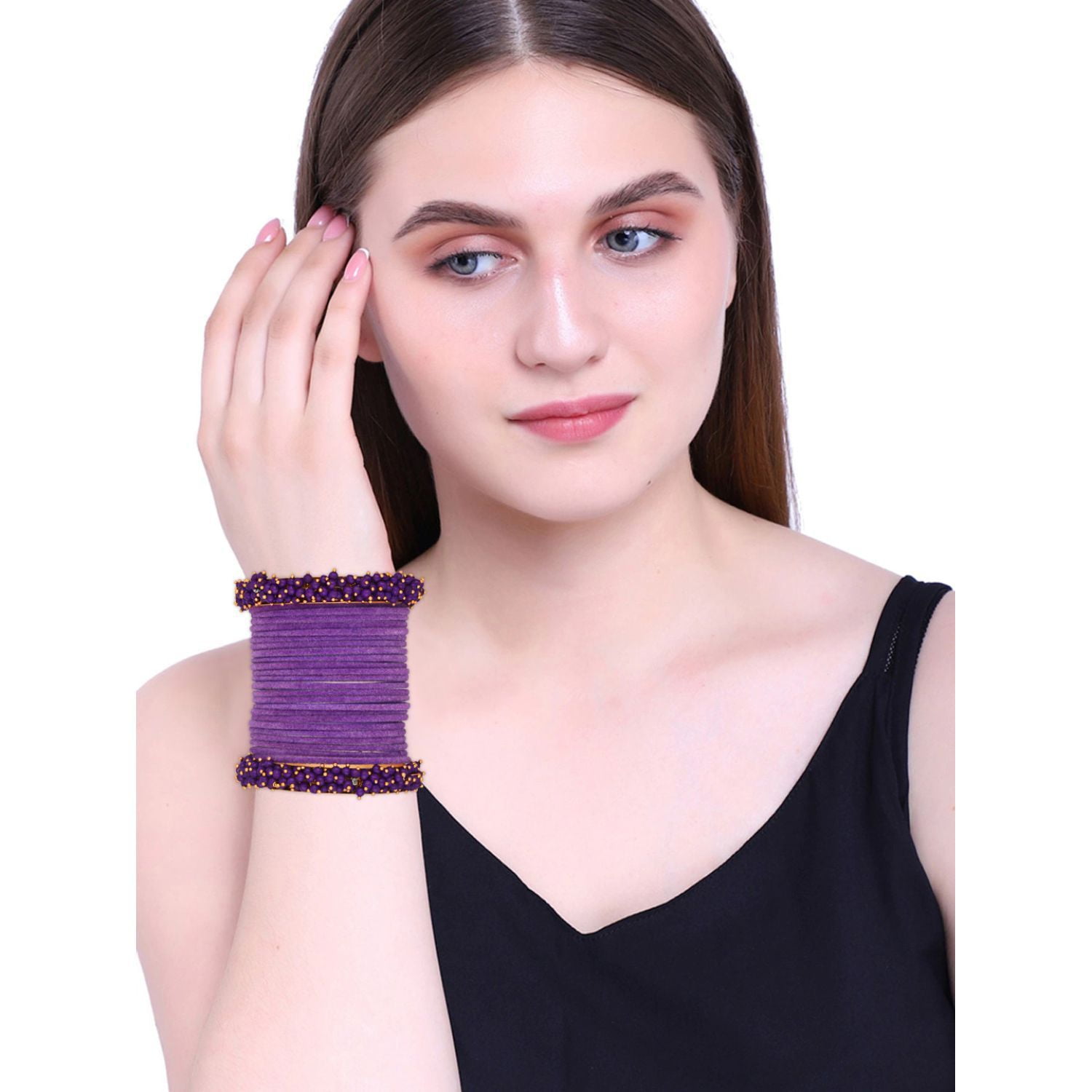 Efulgenz Indian Bangle Set Faux Pearls Beads Plain Velvet Bracelet