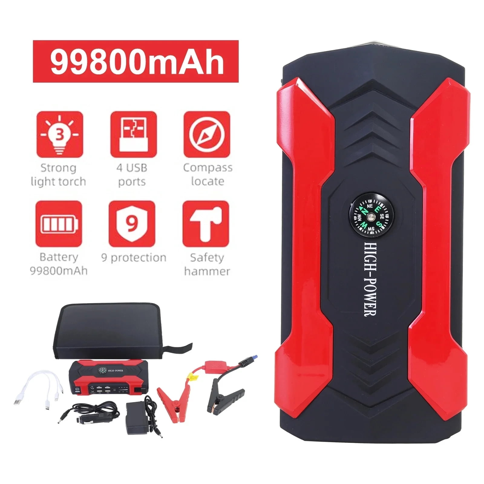 Car Jump Starter, 99800mAh Peak Car Battery Charger, 12V Jump Box Jumper Battery Pack (up to 10L Gas or 8.5L Diesel) with Portable Charger, Emergency LED Light, Escape Safty Hammer, Compass