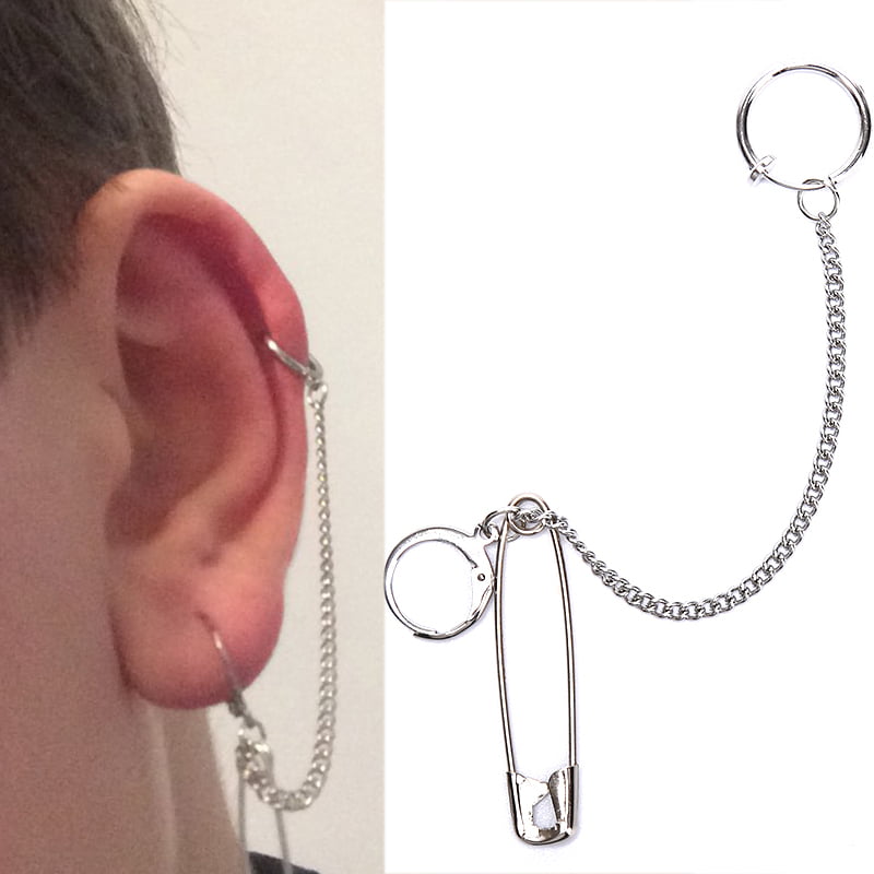 Punk Men Women Stainless Steel Geometric Safety Pin Piercing Ear Stud Earrings