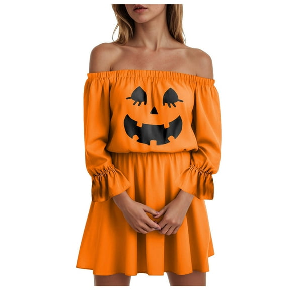 YDFCWXW Women's Off-Shoulder Sexy Pumpkin Print Halloween Dress - Flirty 3/4 Sleeve Mini Dress with Waist-Cinching Fit Orange, L