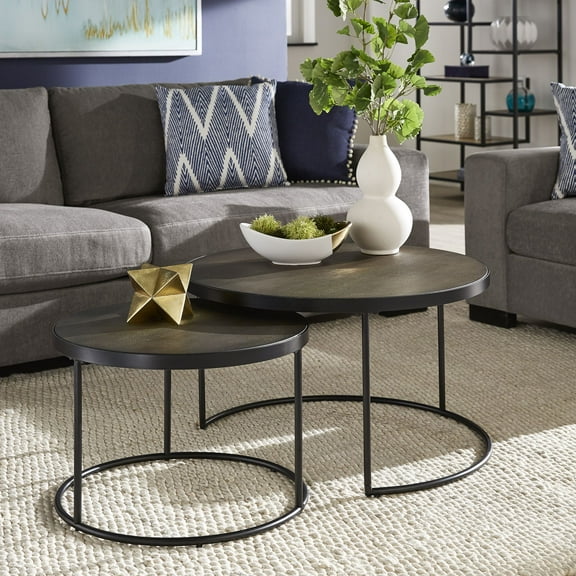 Weston Home Cambridge Black Finish Round Nesting Coffee Tables, Set of Two, with Faux Stingray Top