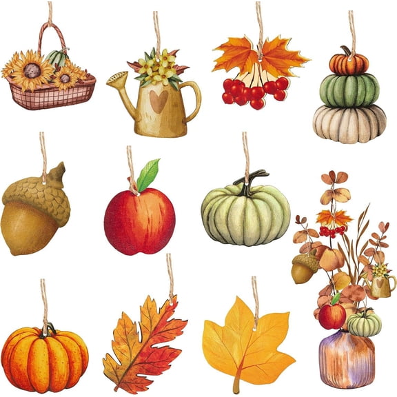 Monebena 30Pcs Fall Autumn Wood Hanging Ornaments Autumn Wooden Pumpkin Maple Leaves Decorative Pendents for Thanksgiving Day Fall Harvest Party Favor Gift Tag Holiday Home Tree Decorations M01