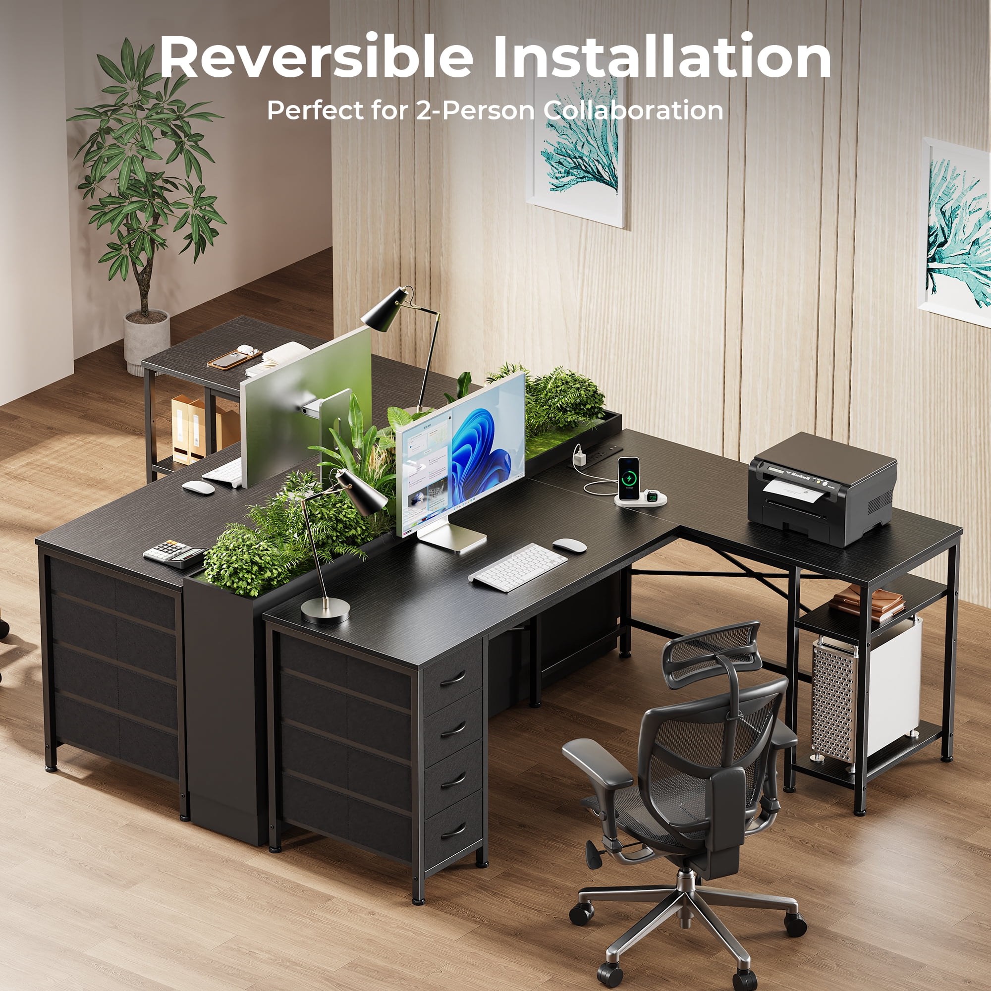 55 Inch L-Shaped Desk with Fabric Drawers, Reversible Home Office & Gaming Desk with Power Outlets, USB-C, and Adjustable Storage Shelves