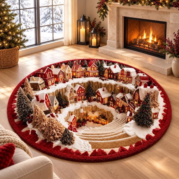 3D Christmas Round Rug, Festive Visual Print Mat for Home Decor, Soft Fabric Holiday Area Carpet with Non-Slip Backing for Living Room, Bedroom and Indoor Parties