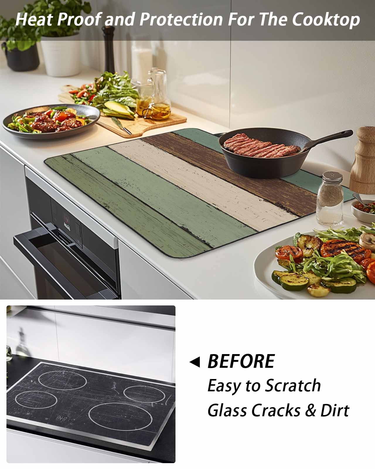 Stove Top Covers for Electric Stove, Green Brown Glass Stovetop Cover Protector, Country Wood Grain Abstract Stripe Induction Cooktop Protector Oven Mat for Kitchen Countertop 24"x21"