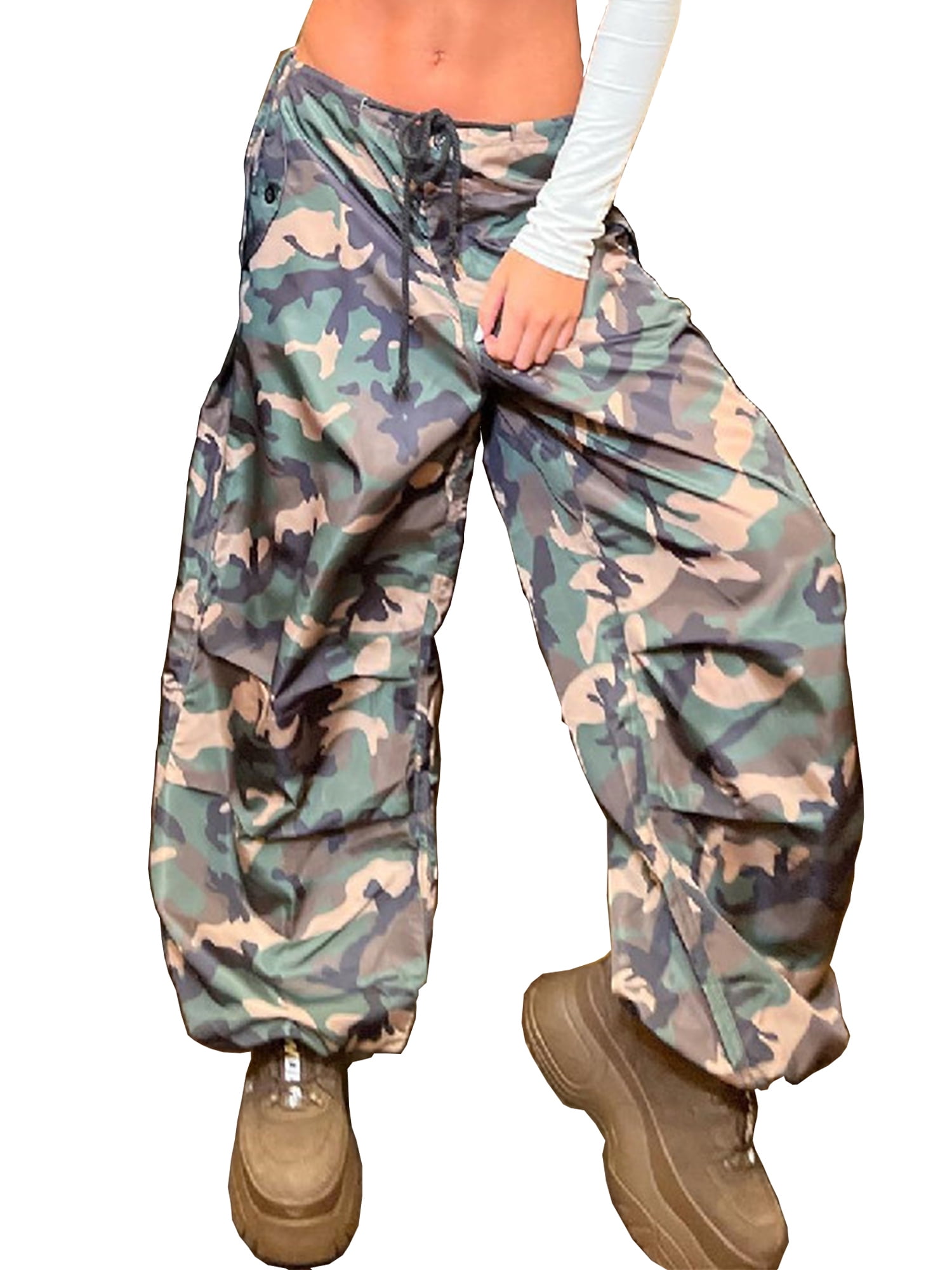 Coduop Women Low Rise Baggy Cargo Pants Tie Drawstring Waist Wide Leg