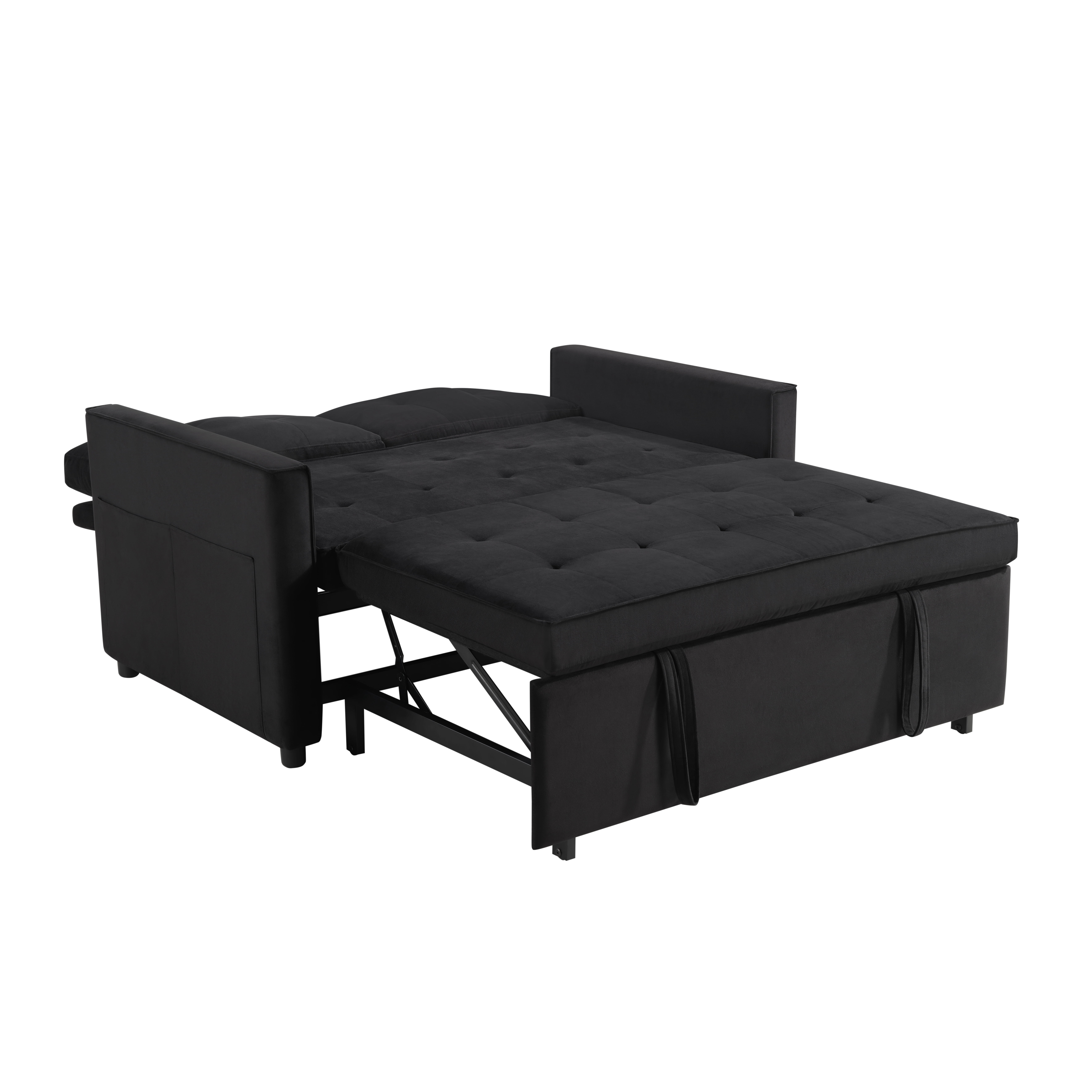 BSHTI 3-in-1 Convertible Sleeper Sofa Bed – Modern Pull-Out Loveseat with Adjustable Backrest, Velvet Upholstery, Side Storage Pockets, for Apartments & Small Spaces, Black