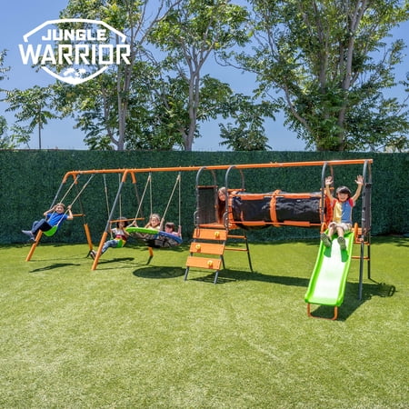 Jungle Warrior Anaconda Metal Swing Set with 2 Sling Swings  40  2 Person Saucer Swing  5ft Slide and Mini Climbing Wall