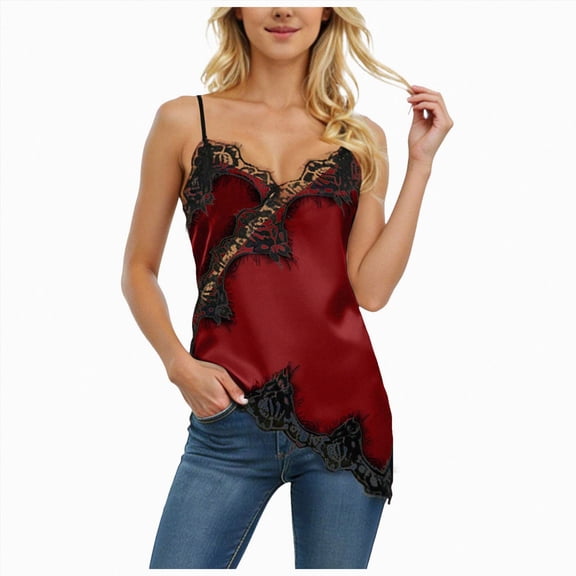 UOCUFY Women Lace Trim Satin Tank Top V Neck Silk Camisole Tops Asymmetrical Backless Spaghetti Strap Tank Cami Shirts (Wine, M)