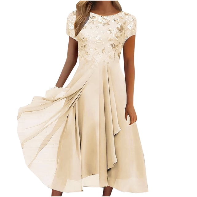 QJUHUNG Robe Midi Formelle pour Femmes Soirée Été Col en V Manches Courtes T-Shirt Soirée Invité de Mariage Style Asymétrique B-8 Cocktail Gris_i L