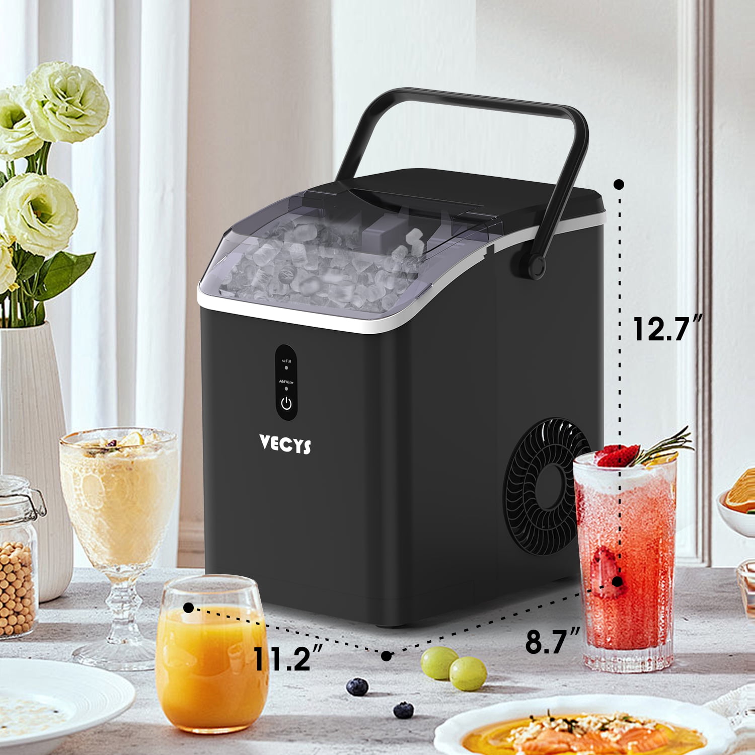 VECYS Nugget Ice Maker, 34LBS/Day Countertop Ice Machine, Self-Cleaning Portable Pellet Ice Maker, Chewable Sonic Ice for Home, Office, Bar