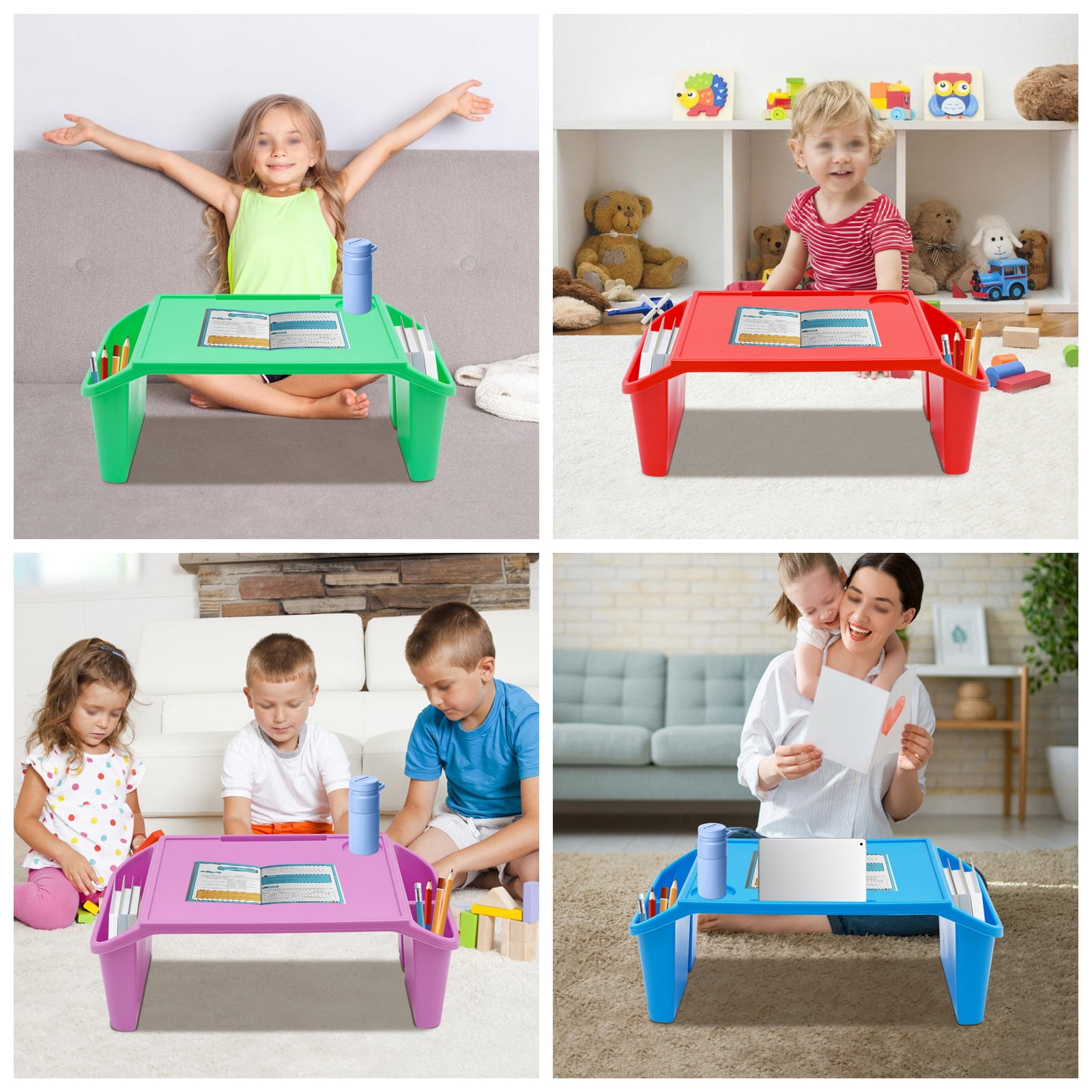 Peakora 4 PCS Kids Lap Desk Tray, Portable Lap Bed Table, Plastic Breakfast Laptop Trays with Side Pockets