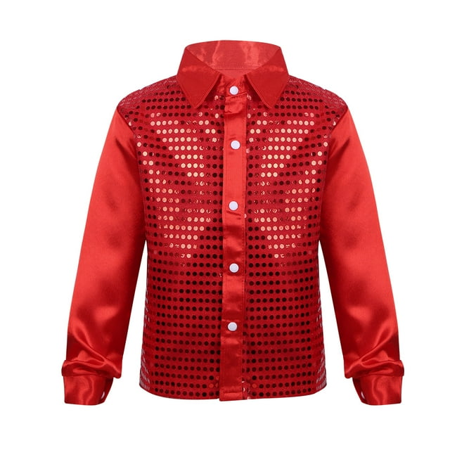 Rswnyirn Chemises à Manches Longues à Sequins Brillants pour Garçons Performance de Scène Choeur Jazz Danse Rouge 130