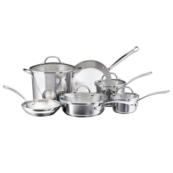 Farberware Millennium 10 Pcs Stainless Steel Cookware Set with Glass Lids, Induction Compatible, Metal Utensil Safe, Dishwasher Safe and Oven Safe to 500°F, Stainless Steel