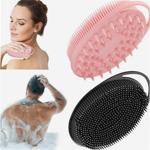 2 Pack Silicone Body Scrubber, 2 in 1 Bath and Shampoo Brush, Soft Silicone Loofah for Sensitive Skin, Double-Sided Body Brush for Men Women, Lathers Well, Gentle Exfoliating (Black, Pink)