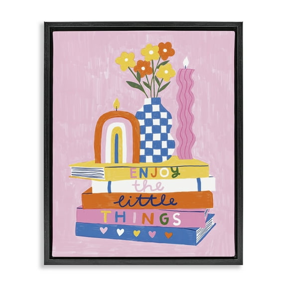 Stupell Industries Enjoy Little Things Bookstack Plants & Flowers Painting Black Floater Framed Canvas Art Print Wall Art, 17 x 21