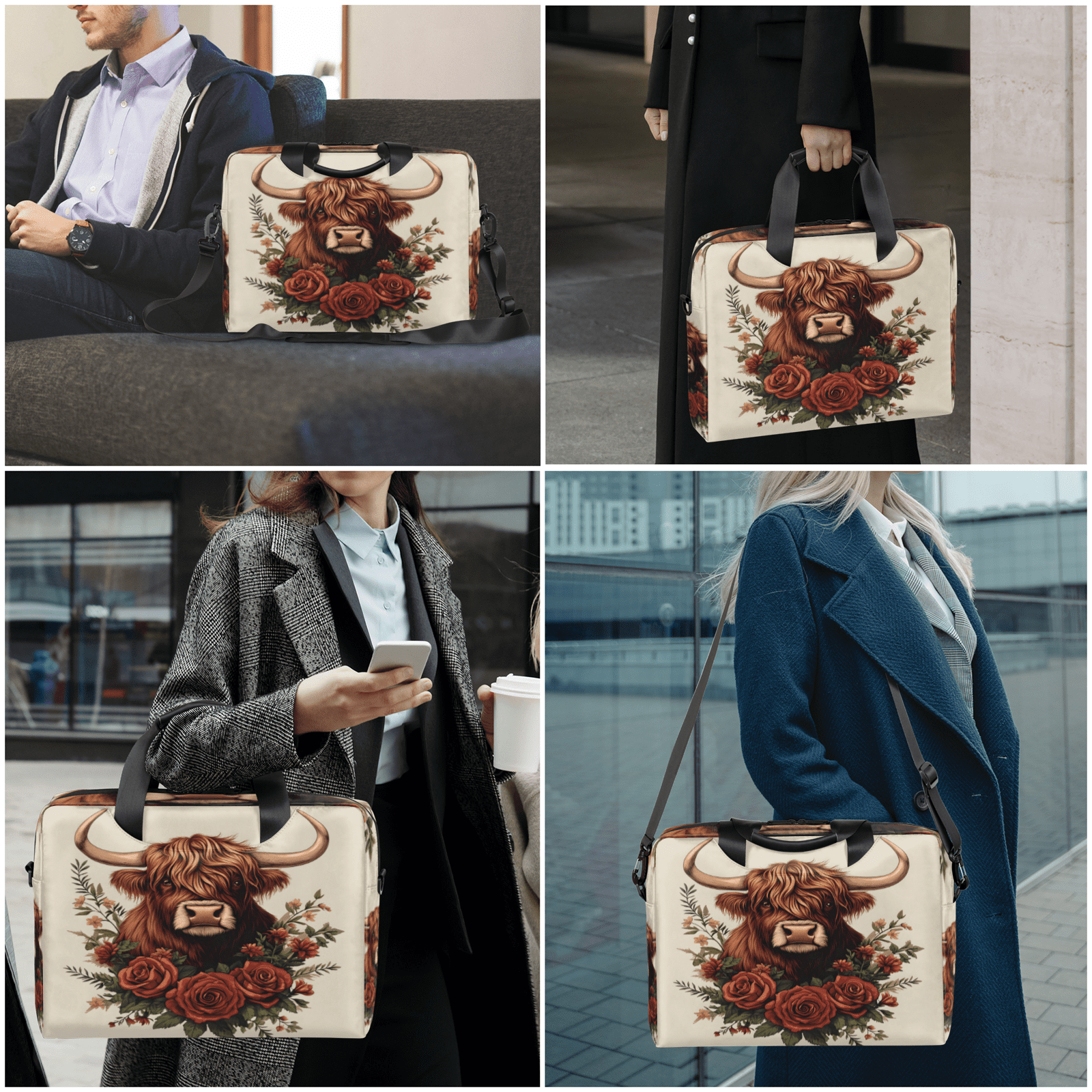 Herdesigns Cow Laptop Bag for Women Men, Computer Case Briefcase Messenger Bags, 15-15.6 inch Laptop Sleeve Shoulder Bag