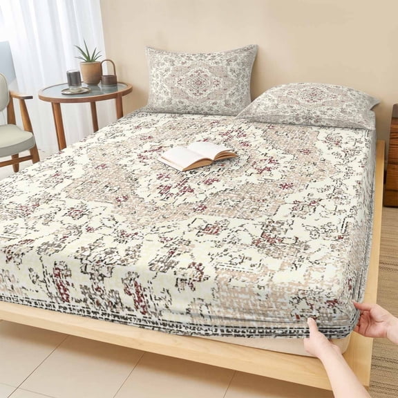King Size Fitted Sheet Set - Beige Boho 3 Piece Bedding Sets 16" Deep Pocket Fitted Sheet with 2 Pillowcases, Vintage Ethnic Floral Abstract Geometric Brushed Microfiber Hotel Luxury Bed Sheets