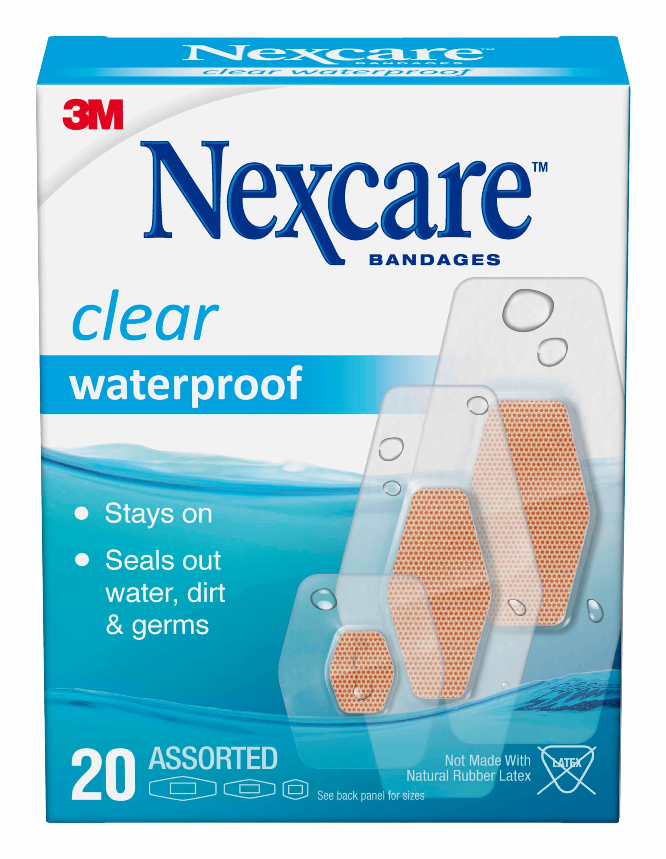 Nexcare Waterproof Clear Bandages, Assorted Sizes, 20 Count