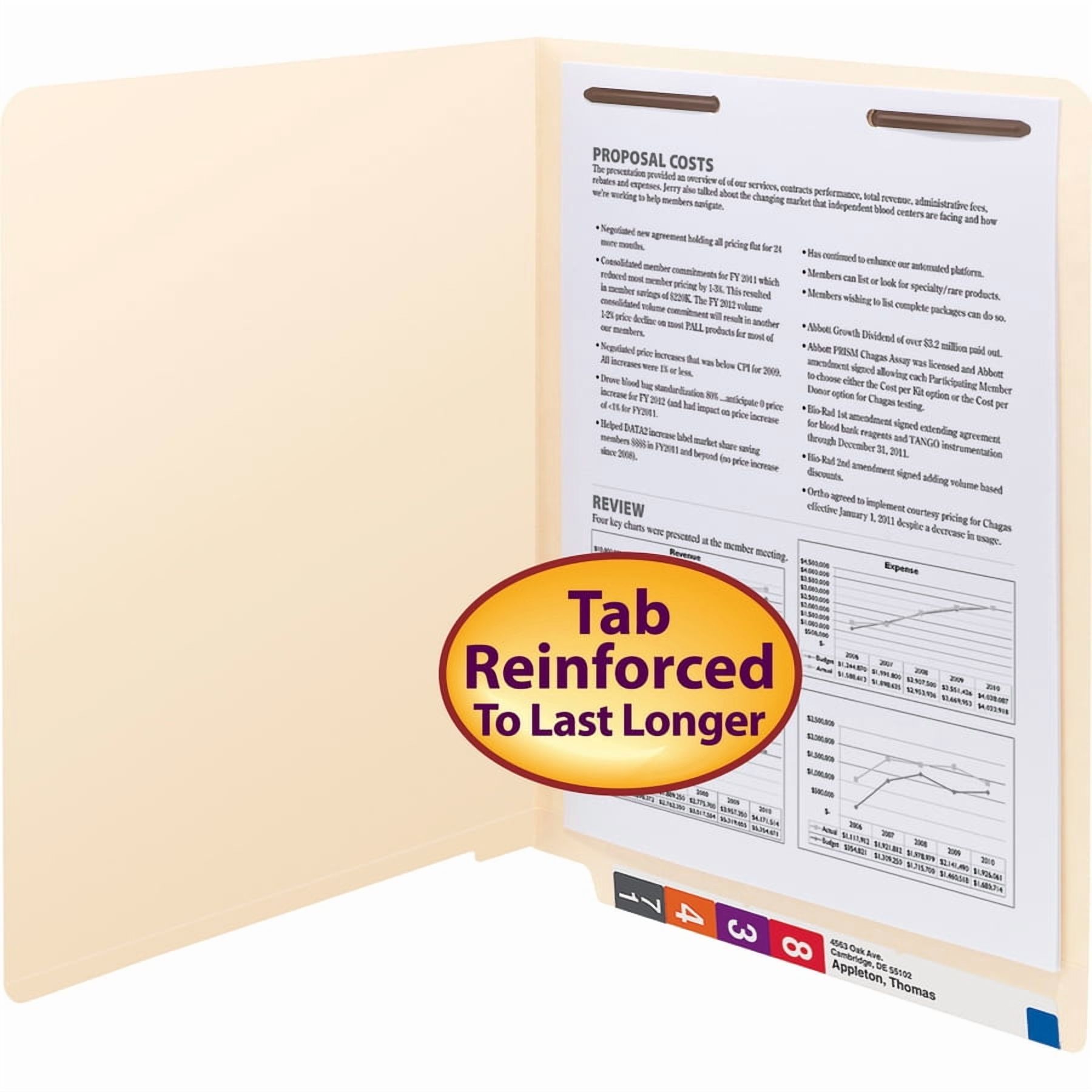 Smead End Tab Fastener File Folder, Shelf-Master® Reinforced Straight-Cut Tab, 1 Fastener, Letter Size, Manila, 50 per Box (34110)
