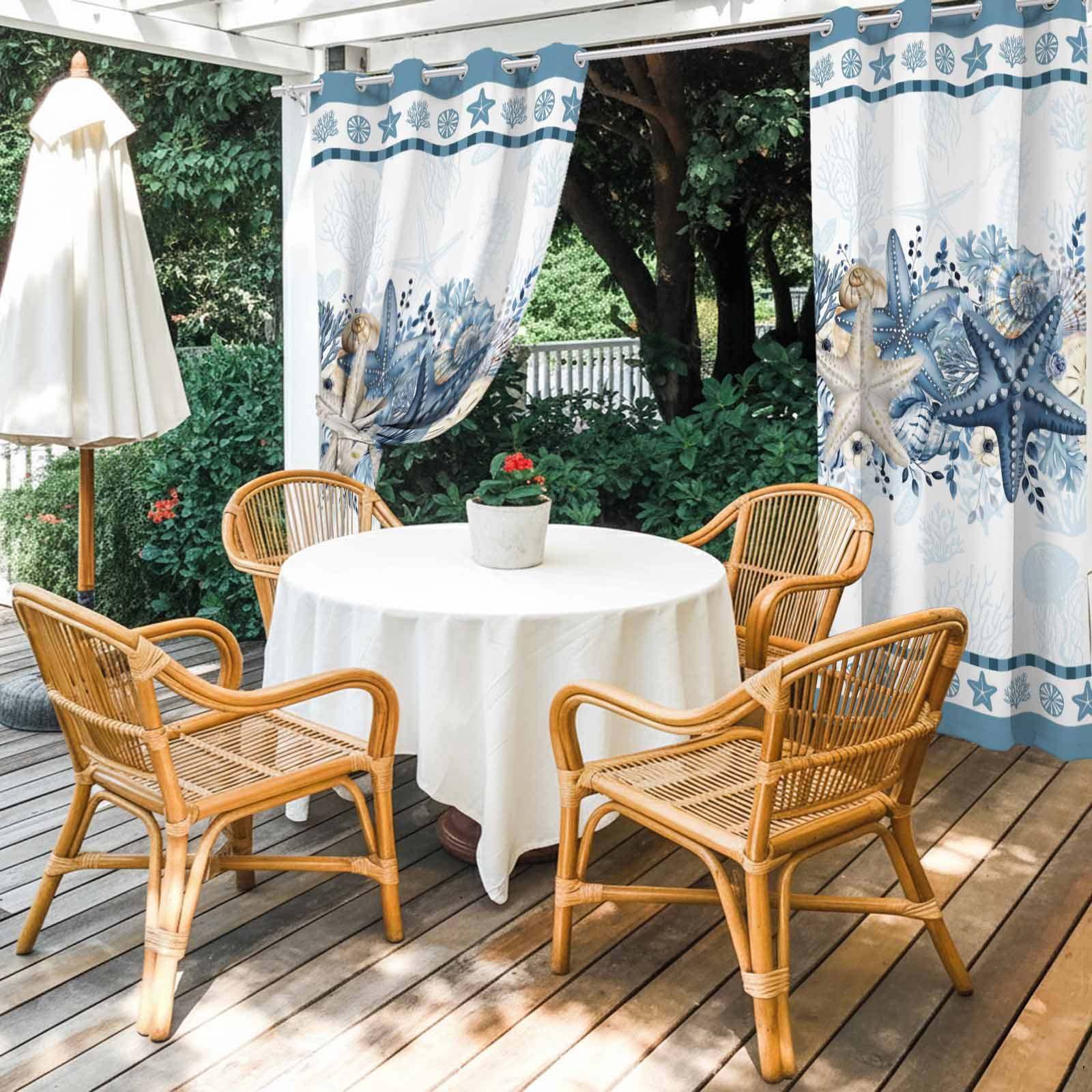 Blue Starfish Coastal Outdoor Curtains for Patio, Ocean Beach Coral Nautical Botanical Sunshade Privacy Drapes Grommet Waterproof Outside Curtains for Porch/Cabana/Balcony 54"x 108", 1 Panel