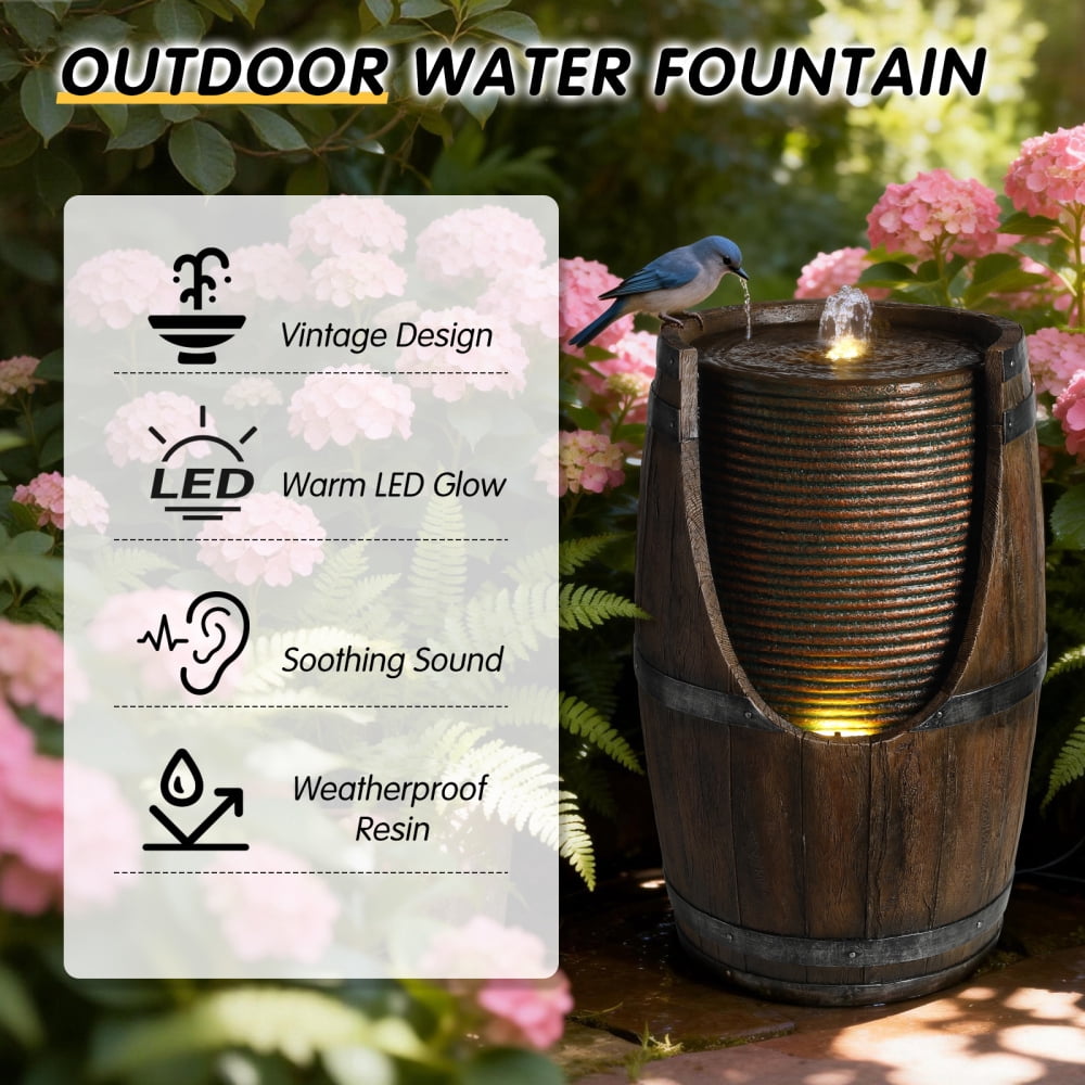 24.8" Barrel Cascading Outdoor Water Fountain with LED Lights, Wood Look Resin Handmade Waterfall Garden Decor for Patio Yard Porch