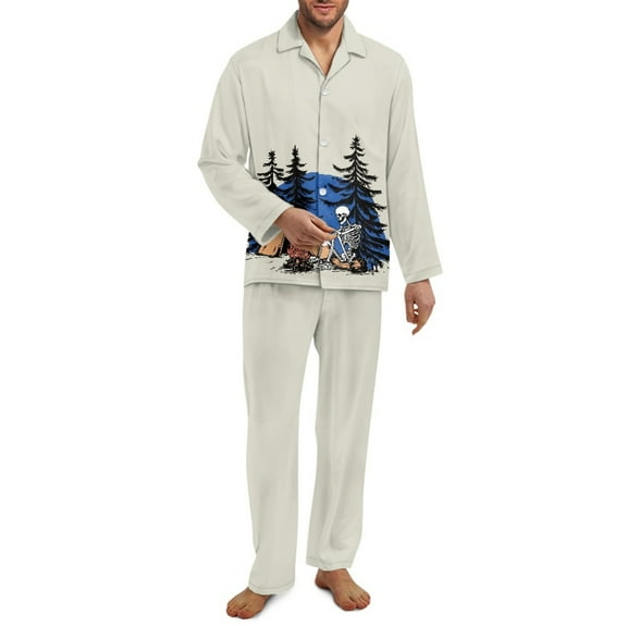 SCRAWLGOD Skeleton Camping Pattern 2 PCS Men's Pajama Sets Mens Long Sleeve Pajama Set with Elastic Band Wrinkle-Free Lightweight Notched Collar Sleepwear with Pockets, XS