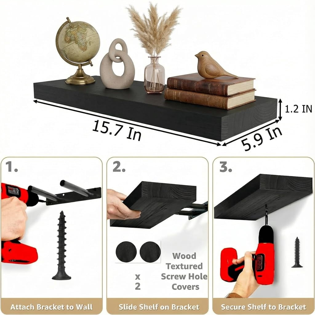 Floating Wall Shelves 16 Inch Bathroom Shelving Mounted Invisible Shelf Kitchen Wooden With Brackets For Living Room Easy Install Set Of 2 Black