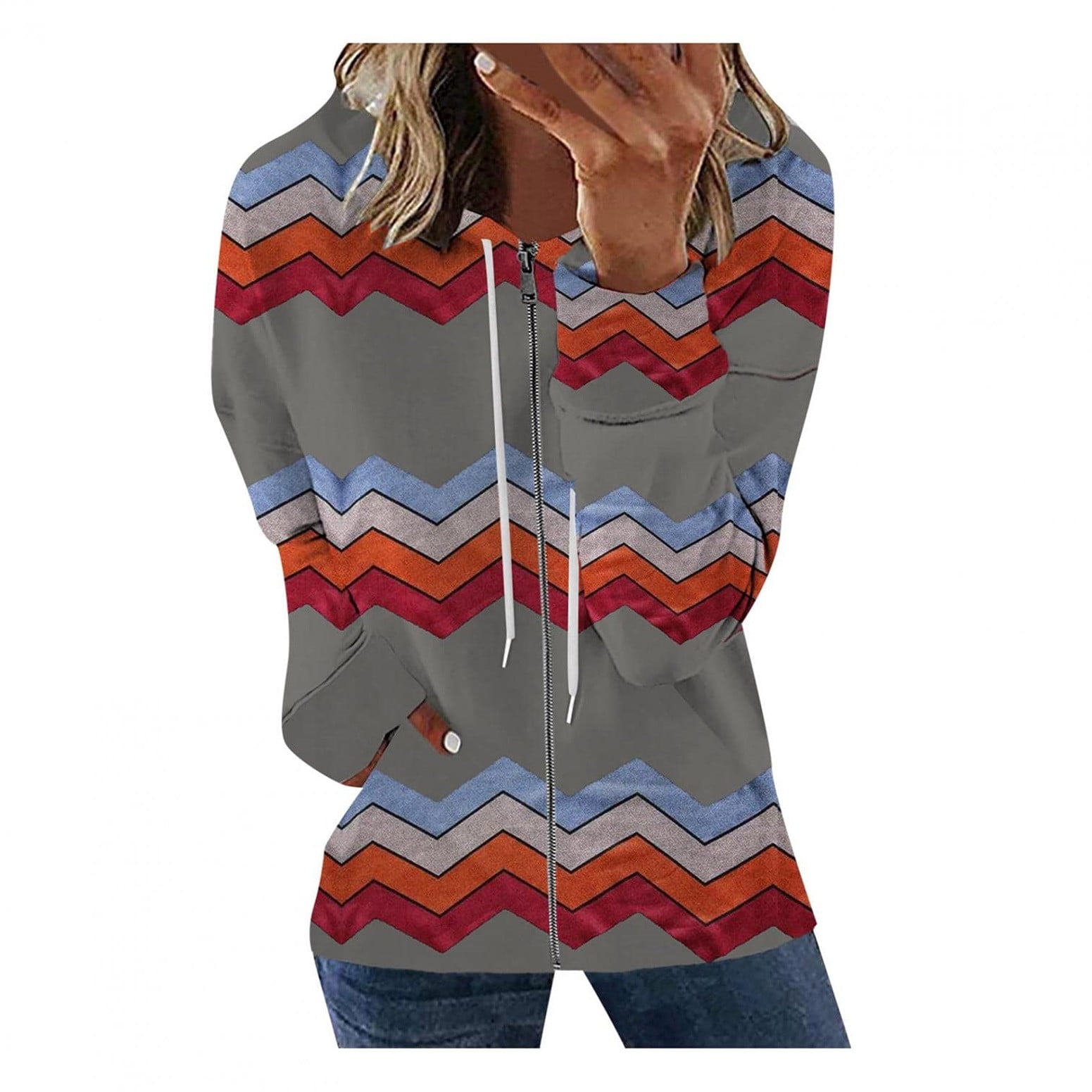 Womens Long Sleeve Zip Up Hoodie Color Block Striped Print Jacket  Lightweight Drawstring Sweatshirt With Pockets 2022