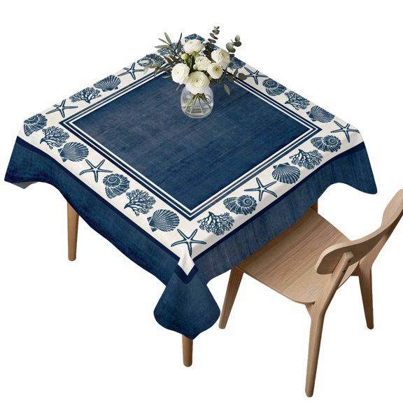 Square Tablecloth, Beach Shell Starfish Coral Conch Waterproof Table Cloth 60x60 in Navy Blue Border Washable Spillproof Table Cover for Kitchen Dining Party Decor Outdoor Camping