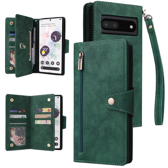 SaniMore for Google Pixel 7 Pro Case, PU Leather 2 in 1 Zipper Wallet Removeable Wrist Strap Card Slots Cash Pocket Kickstand Shockproof Anti-fall Full Protective Shell For Google Pixel 7 Pro, Green