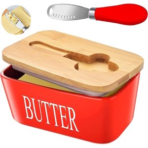 Butter Dish Ceramic Butter Dish with Wooden Lid & Stainless Steel Knife