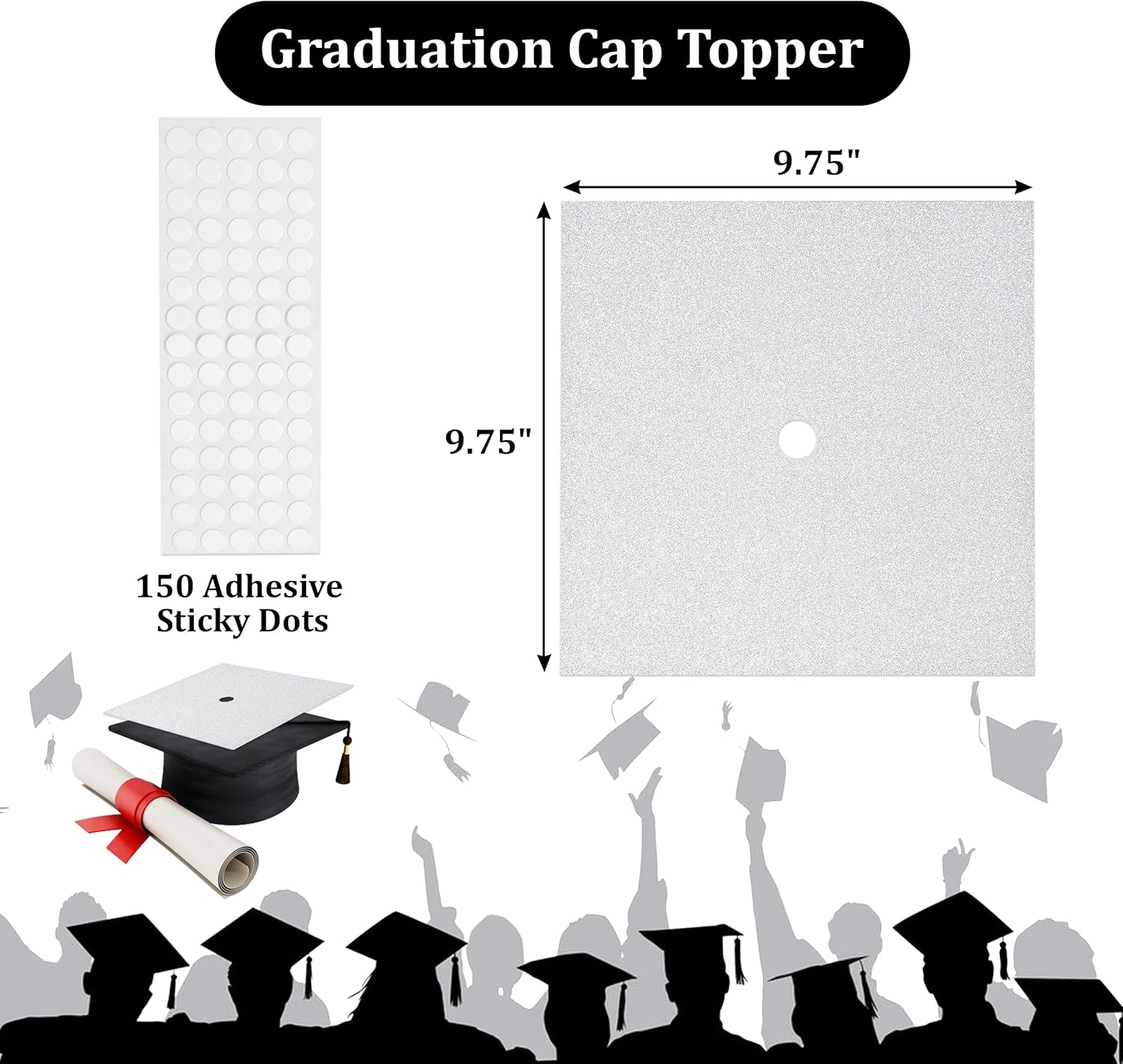 Gift Boutique 2 Pieces Graduation Cap Decorations White Glitter Background Grad Caps Topper Blank Base Graduate Hat Decoration Do It Yourself Crafts Party Supplies with 150 Adhesive Sticky Dots