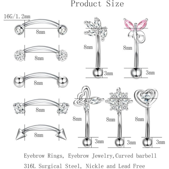 GHRTGR-10Pcs Eyebrow Piercing Jewelry Eyebrow Rings 16G Curved Barbell Cartilage Earring Lip Belly Rings Daith Rook Earrings Helix Conch Piercing Tragus Earrings for Women Men