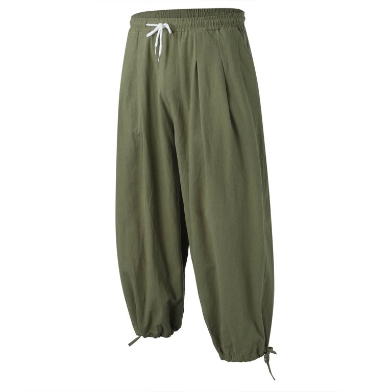 Mens Casual Solid Cropped Pants Drawstring Pocket Lace Up Hem Pant