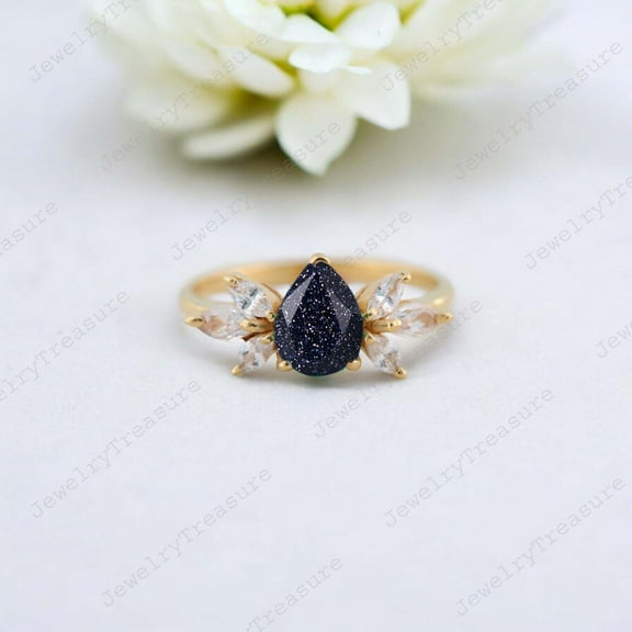 JEWELRYTREASURE 7x5 mm / 1.5 Ct Galaxy Sandstone Ring Yellow Gold Plated Promise Ring Cluster CZ Diamond Wedding Jewelry Gift for Wife Pear Cut Gemstone Ring