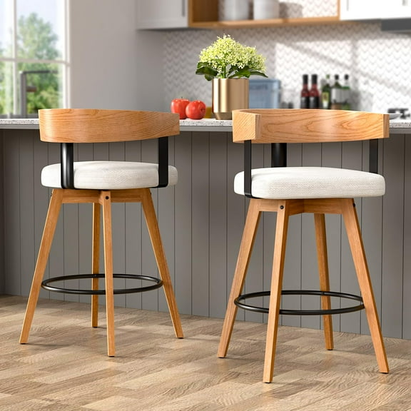 JULY'S SONG 26" Swivel Counter Height bar stools with Back Sets of 2, Comfortable Chenille Upholstered Barstools with Integrated Arc-Shaped Armrest, Beige