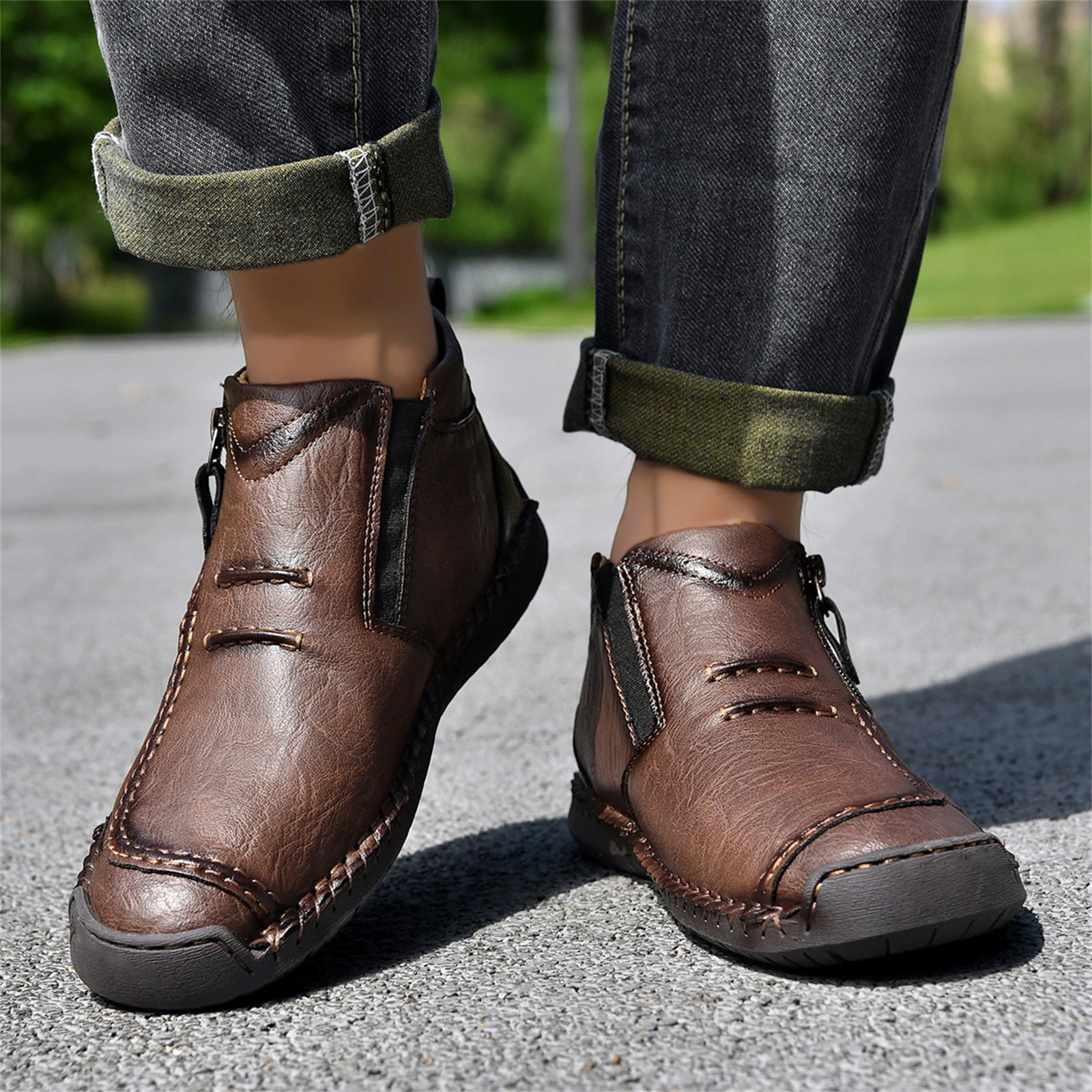 HTHLVMD Side Zipper Boots for Men, Men’S Slip-On Orthopedic Leather Boots,Men’S Handmade Premium Leather Slip-On Driving Boots,Men Side Zipper Orthopedic Shoes for Driving Hiking, Brown 6
