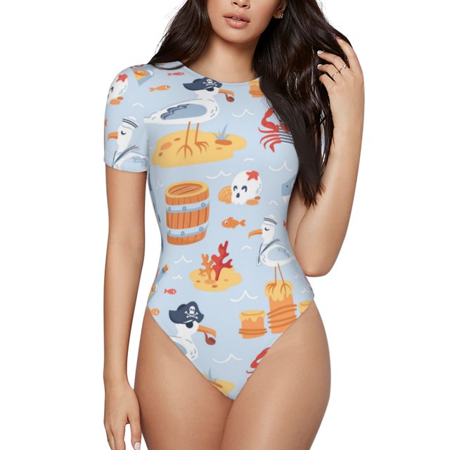 Fotbe Party Shark Cute Body de Mujer con Cuello Redondo y Mangas Cortas, Sin Mangas Ajustado, Suave, Cómodo y Básico-Small