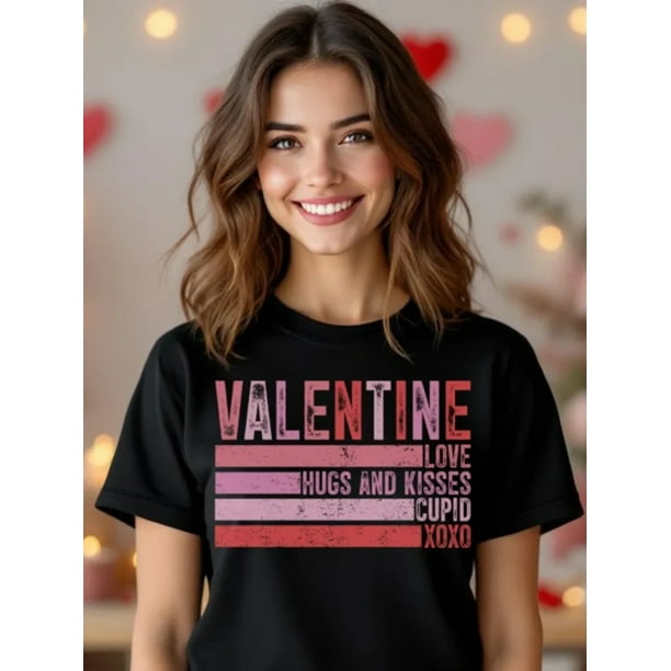 Women's Valentine's Day Graphic T-Shirt, Casual Crew Neck Short Sleeve Top, Knit Fabric, All-Season Love & Hugs Print Tee, Valentine's Day Outfit