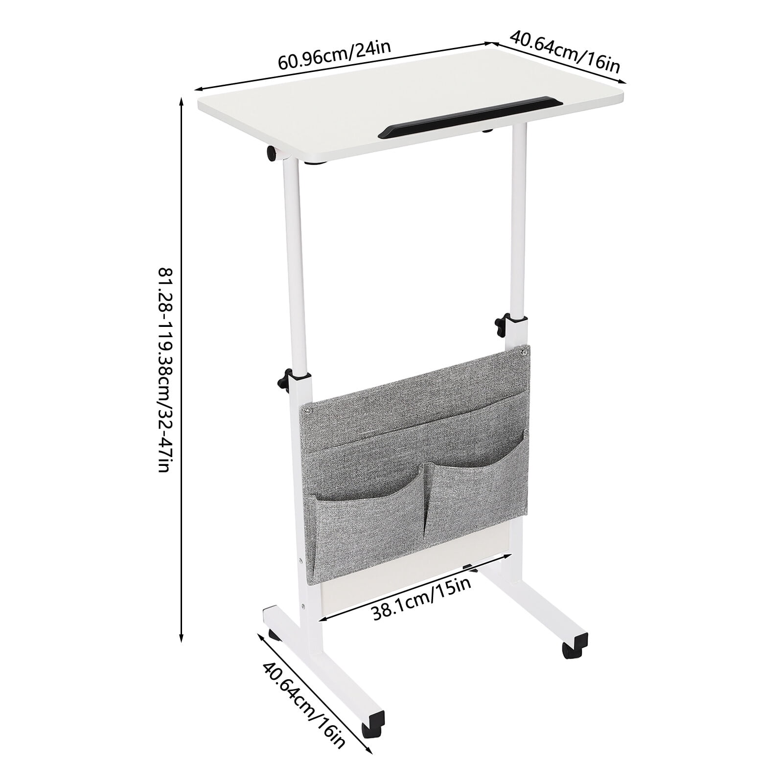 24*16in Portable Laptop Desk Rolling Computer Stand Floor Mounted Adjustable Height Standing Desk with Protective Covers