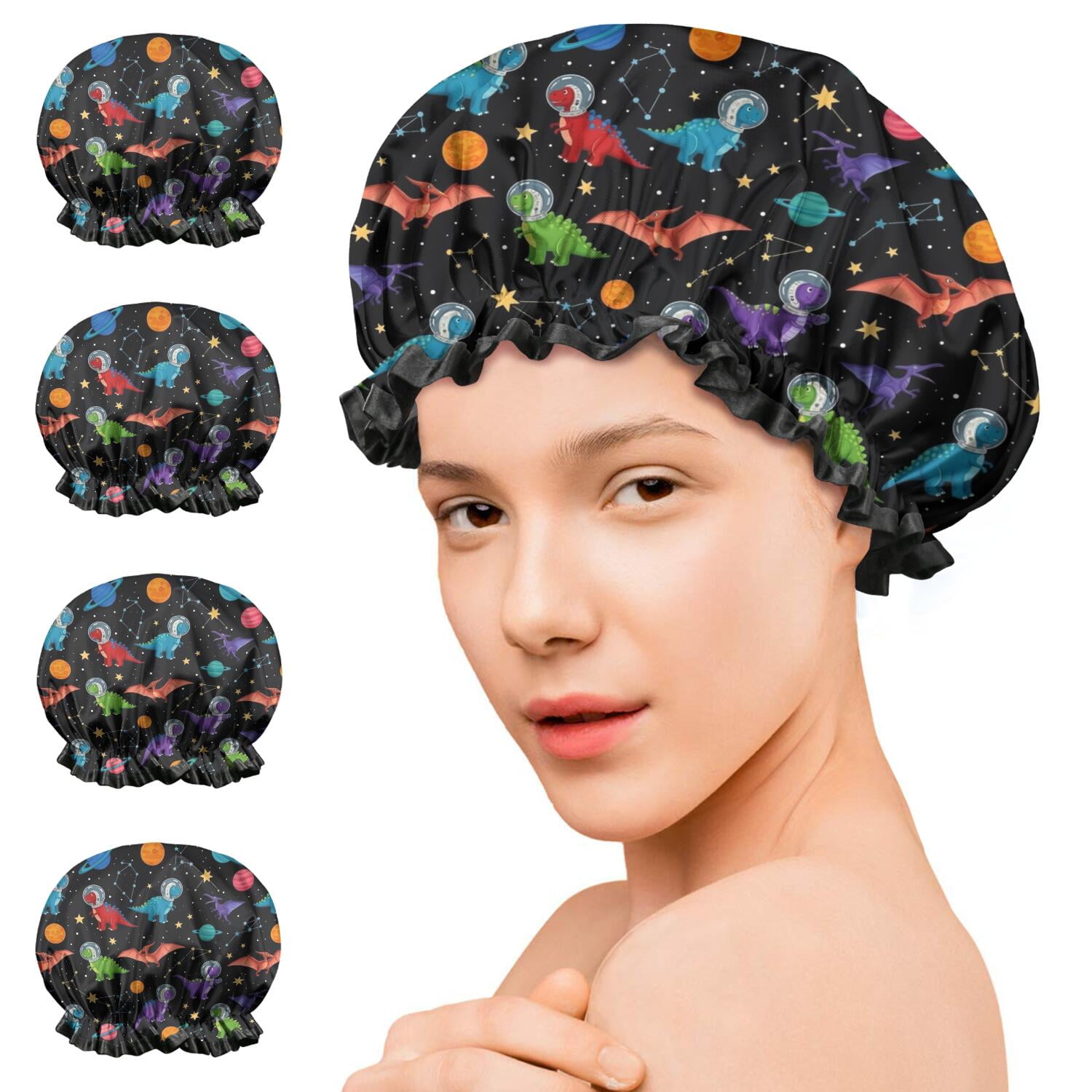 Shower Caps,Black Cartoon Space Dinosaurs Pattern Waterproof Shower Cap for Women 4 Pieces,Double Reusable Hair Cover for Shower PEVA Elastic Stretch Hem
