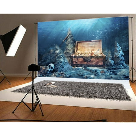 Image of MOHome Treasure Backdrop 7x5ft Photography Backdrop Gold Wealth Jewelry Jolly Roger Sword Rocks Pirate Underwater Photos Shooting Video Studio Props