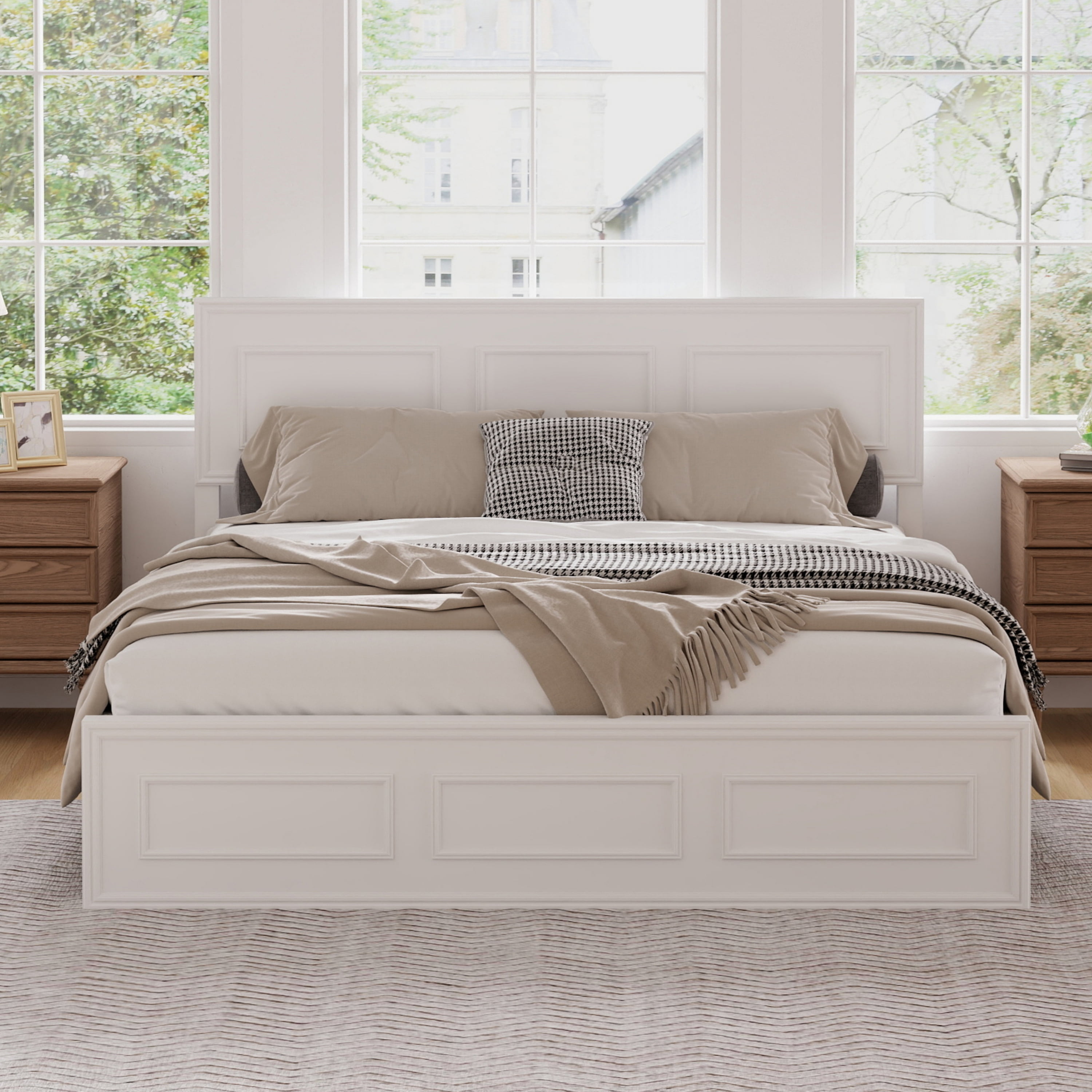 Queen Bed Frame with Adjustable Height Headboard and Geometric Panel Design, Wood Platform Bed and Mattress Foundation with Strengthened Frame, White