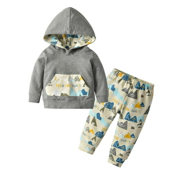 Infant Baby boy Clothes Long Sleeve Cartoon Pattern Hooded Tops Long Pants Outfits Set Gray 3-6 Months