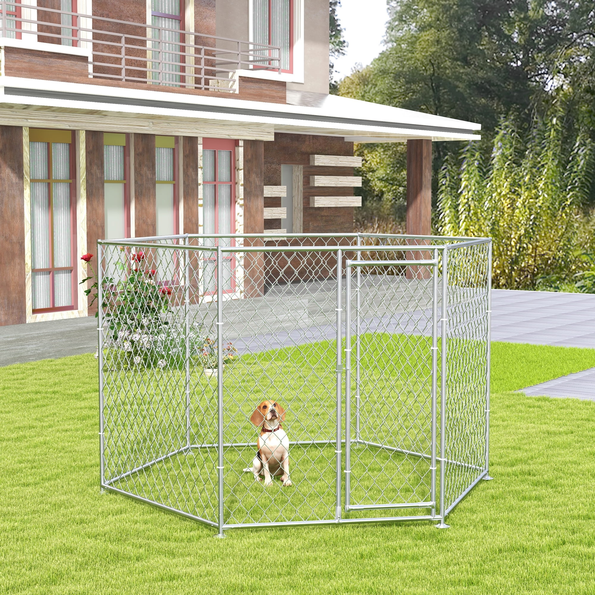 Luxvie Dog Kennel, Outdoor Dog Run with Lockable Door for Medium and Large-Sized Dogs, Silver