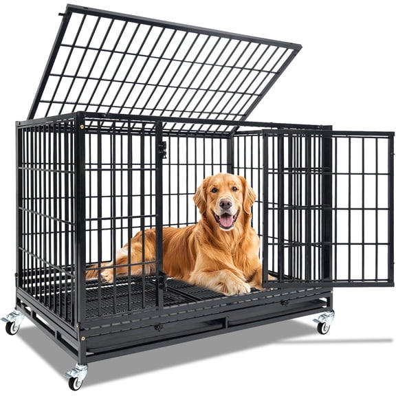 Homey Pet 47 Inch Stackable Heavy Duty Dog Crate, Indestructible Escape Proof Cage for High Anxiety Large Dogs, XL Dog Kennel Indoor with Auto Locks,No-Noise Grid,Dual Trays,360° Wheels,Top Acces