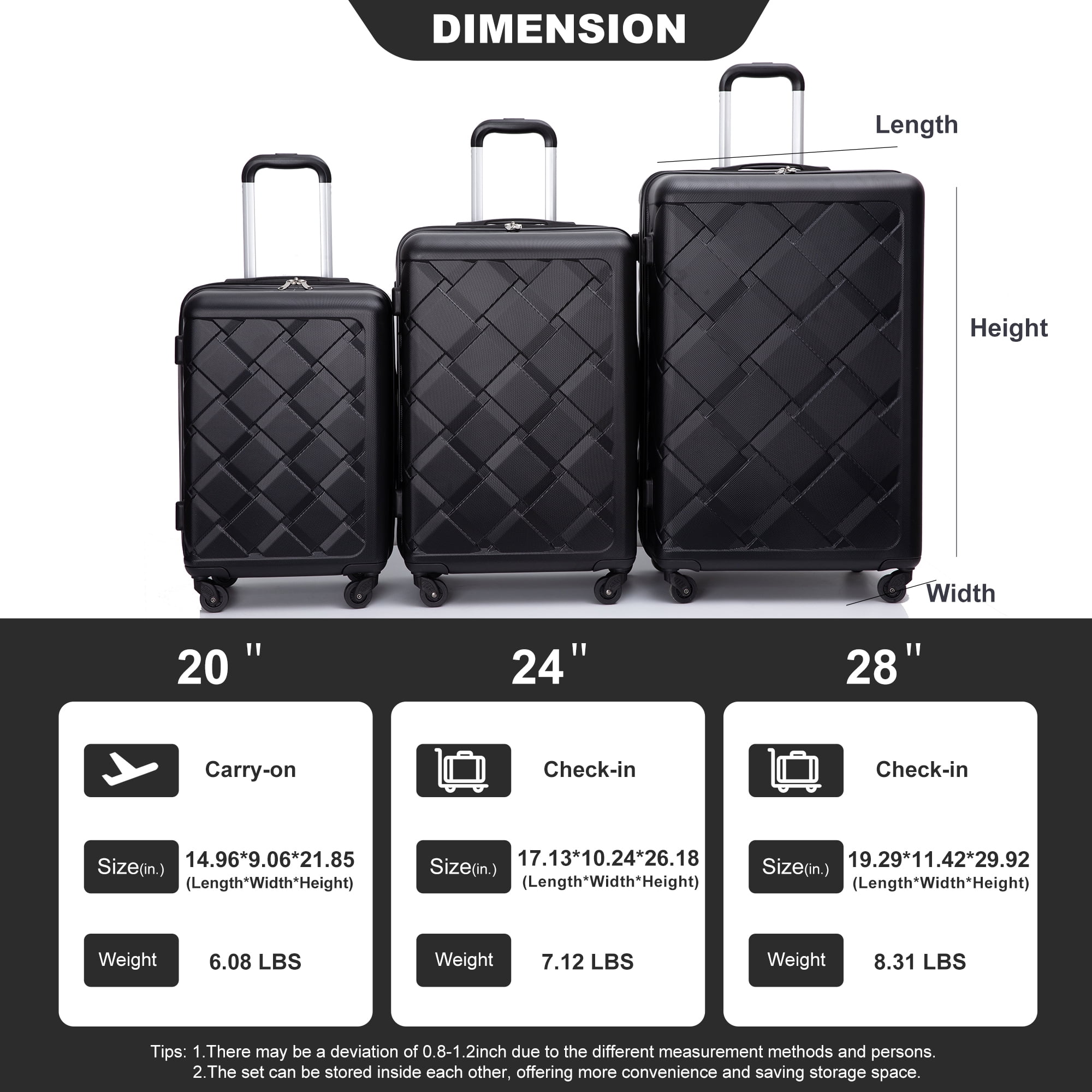 8-Piece Set Hardshell Luggage Sets with Spinner Wheels ABS Suitcase Lightweight Durable Suitcase(20/24/28+portable handbag + 4 pieces storage bag set)