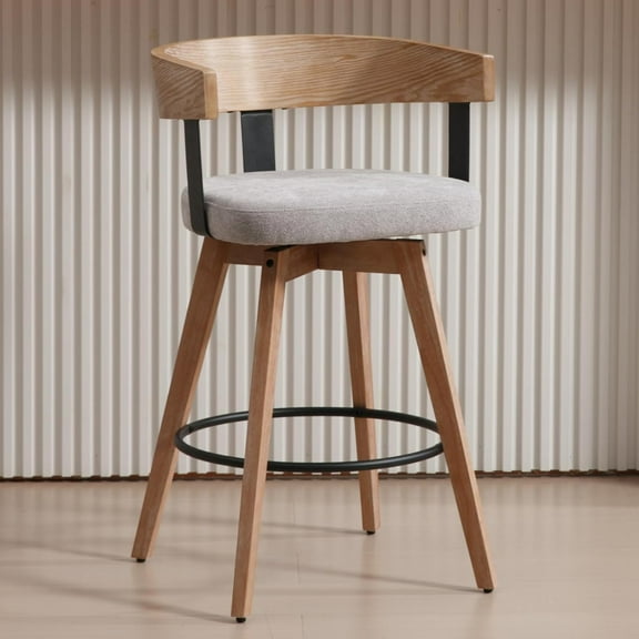 LukeAlon Linen Upholstered Counter Stools 1 PC, 360-Degree Swivel Wooden Kitchen Stools with Wood Full Back Mid-Century 26.25" Seat Height Low Barstools for Dining Room Kitchen Island, Grey