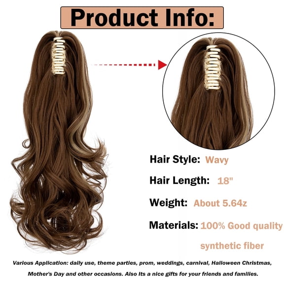 WEIF-Claw Clip Ponytail Extension 18" Clip in Wavy Ponytail Hair Extensions Long Pony Tails for Women Extensions Ash Blonde Mix Light Brown Wave Hairpiece